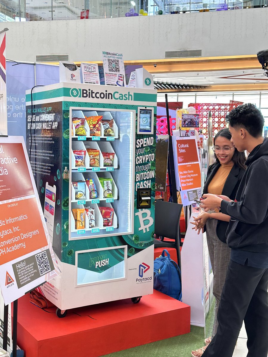 _paytaca_'s tweet photo. Happening right now: Paytaca is part of the exhibits of creative industries in Leyte organized by @DtiPhilippines provincial office. Participants and mall goers get to try  buying #BCH from the ATM and buy some snacks from the vending machine. https://t.co/dt4RYeHCuG