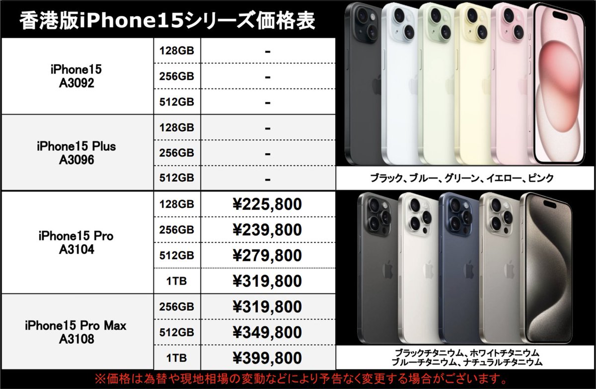 香港版iPhone15価格】 香港版iPhone15 Pro/Maxの初回入荷分の価格が
