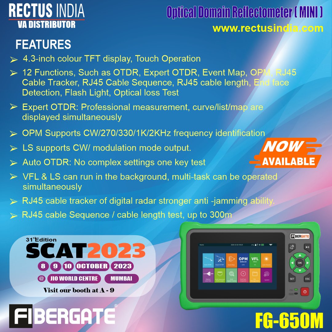 Exciting times for #Fibergate! 🌐 Our FG-650M OTDR is a game-changer in fiber testing 🚀 Unleash the power of precision and accuracy 🔍 Explore the future of fiber technology with us! 💡🔌 #FiberTesting #FG650M #Innovation 📊📈#SCAT2023 #MumbaiEvents