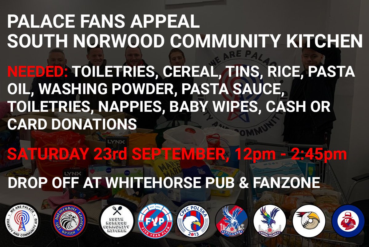 Support <a href="/norwoodkitchen/">South Norwood Community Kitchen</a> and our community this Saturday.

Collection points at the White Horse pub, Selhurst Road and Fanzone.

Together our spirit is unbreakable.