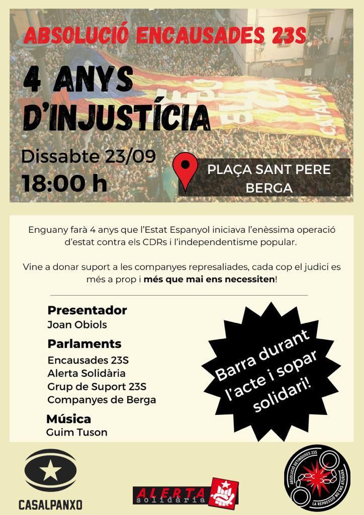 🟥 Els Vallesos van ser les comarques on l'operació Judas de fa 4 anys es va acarnissar més contra els Comitès de Defensa de la República (nascuts per defensar el referèndum, recordem-ho), i aquesta nit han sortit a fer-nos-ho present. Ni oblit ni perdó 👊
🕕 Veniu a Berga demà!