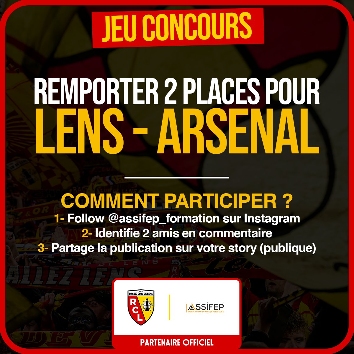 AssifepF's tweet image. Vous êtes trop chaud ici ! 🤯

Pour Lens - Arsenal, on vous invite à participer à notre concours sur Instagram ! 

Comme vous êtes bouillant sur X, on pensera à vous pour les prochains concours donc n'hésitez pas à nous suivre pour ne rien rater ❤️💛

Lien du concours en dessous