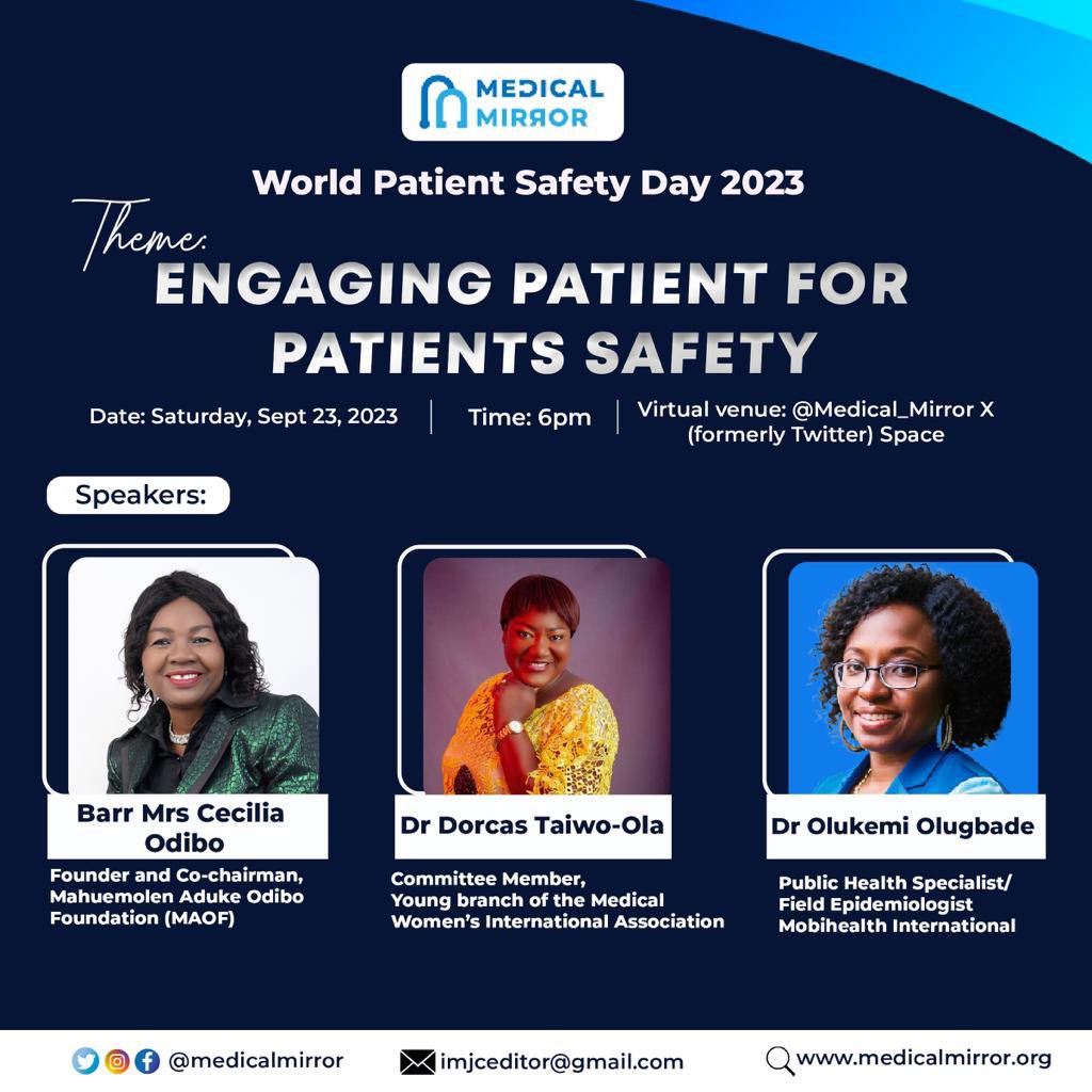 Ever in the mood of #PatientSafety, join us, as we discuss the theme for this year’s #WorldPatientSafetyDay.

Appropriately creating awareness & discussing about problems, lead to proffering commensurate solution.

We hope to hear from you too.
#HealthEquity #HealthForAll #IMJC