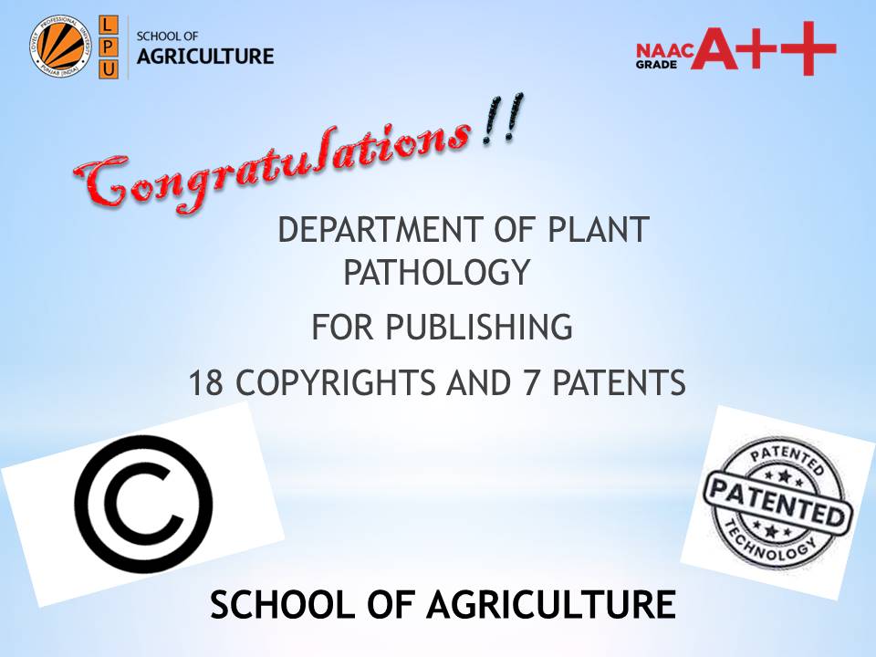 Congratulations to the team of Department of Plant Pathology for publishing eighteen copyrights and seven patents by faculties, students and research scholars.
 
 #patents #copyrights #research #achievements #researchscholars #Departmentofplantpathology #hardwork #Attitude