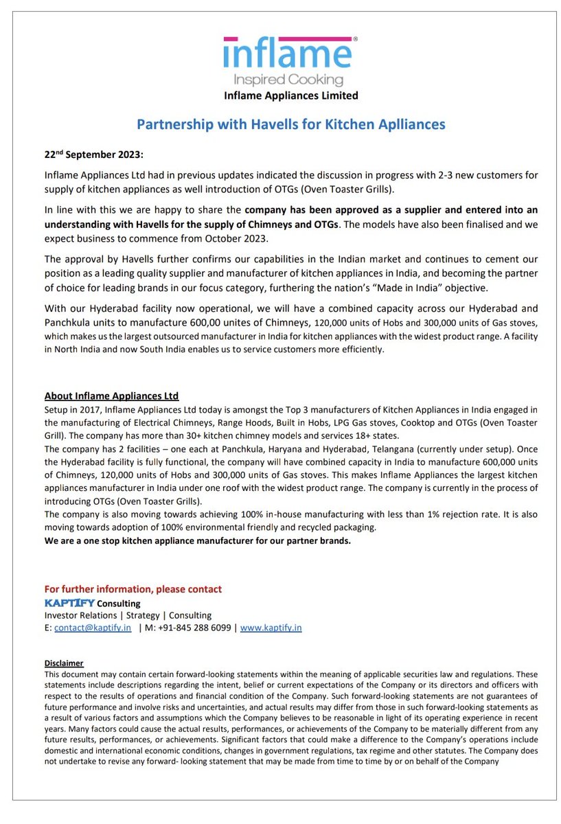 chiragdashj's tweet image. Inflame agreement with Havells for supply of Chimneys and OTG. Clear Supply Side Dominance #b2b #kitchenapp