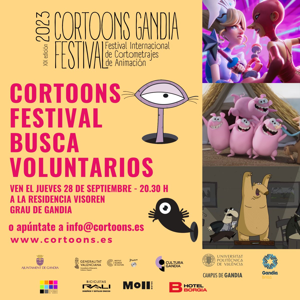 Buscamos  voluntarios para el Cortoons Gandia Festival. si estás  interesado, ven el jueves 28 de septiembre a las 20.30 h a la Residencia  Visoren del Grau de Gandia a la 20.30 o apúntate a info@cortoons.es Camiseta del, entrada gratuita y cenas garantizadas para los voluntarios