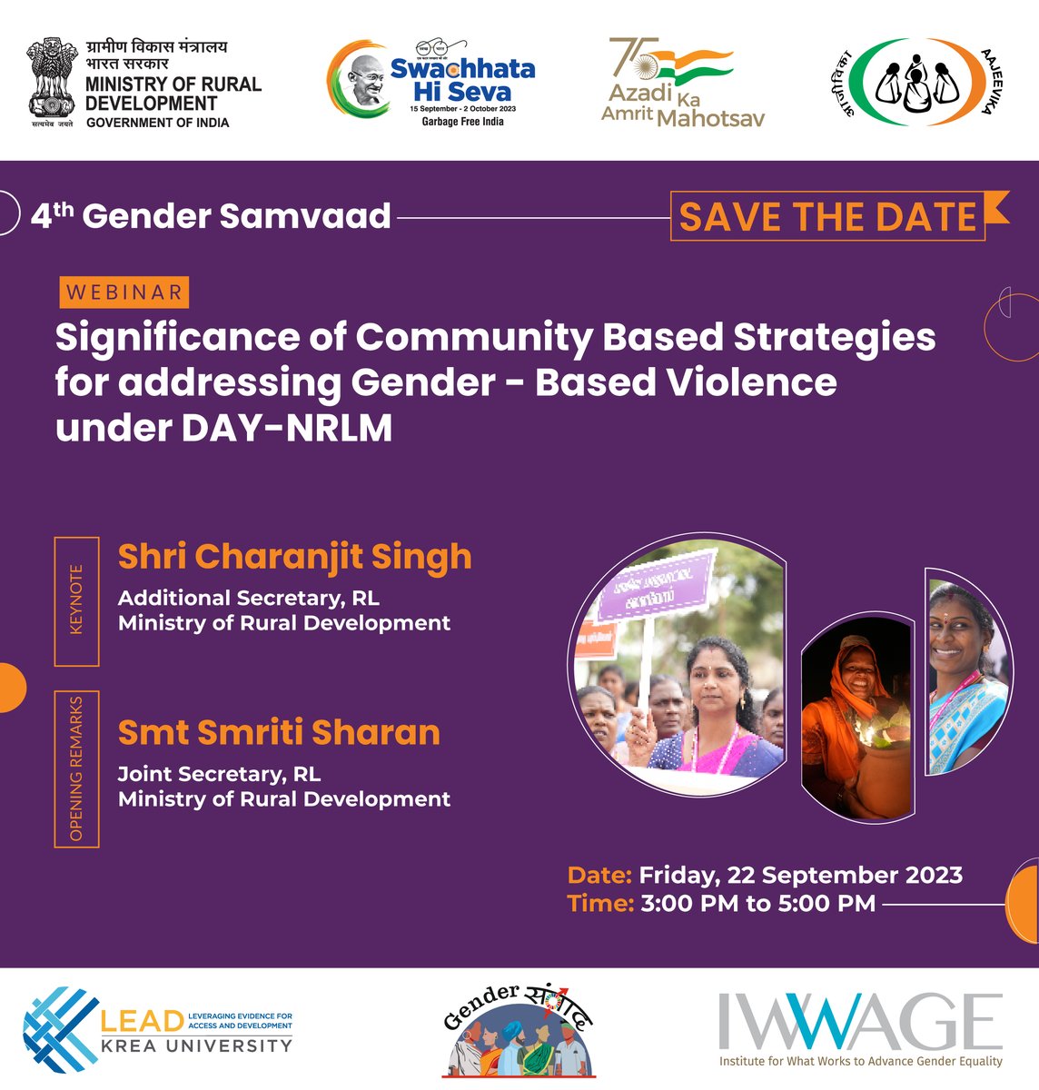 DAY_NRLM's tweet photo. Join us for the 4th Gender Samvaad webinar, organized by India's Ministry of Rural Development! We'll be discussing vital strategies to combat gender-based violence under the Day-NRLM initiative. 🌟 #GenderSamvaad #4thGenderSamvaad #GenderSamvaad2023 @MoRD_GoI @PIB_MoRD https://t.co/PhyNPd7NFc
