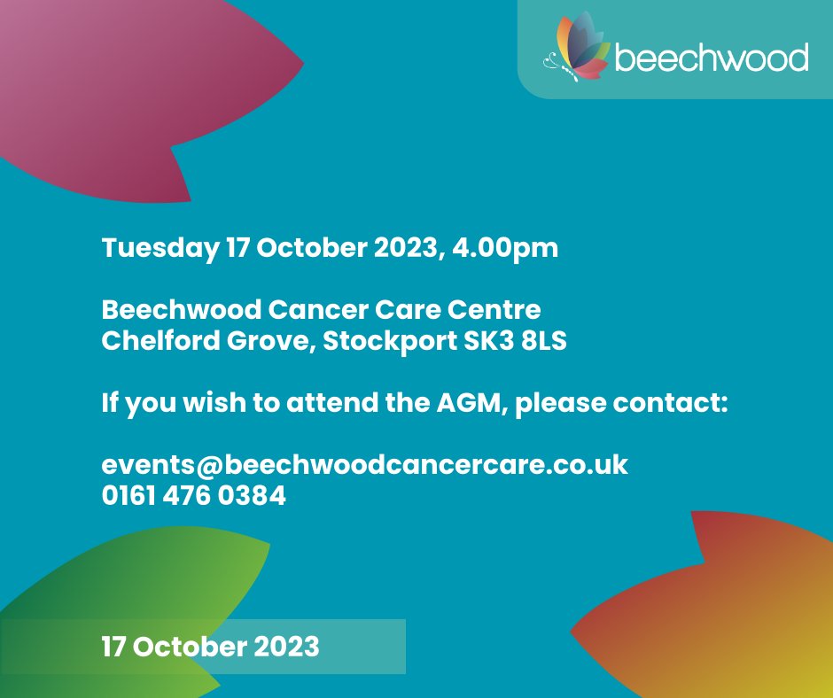 Beechwood Cancer Care (@beechwoodccc) on Twitter photo Notice is hereby given of Beechwood Cancer Care's Annual General Meeting.
4pm
Tuesday 17 October 2023
Beechwood Cancer Care Centre
Chelford Grove, Stockport SK3 8LS
If you would like to attend, please contact:
events@beechwoodcancercare.co.uk
0161 476 0384
#cancer Notice is hereby given of Beechwood Cancer Care's Annual General Meeting.
4pm
Tuesday 17 October 2023
Beechwood Cancer Care Centre
Chelford Grove, Stockport SK3 8LS
If you would like to attend, please contact:
events@beechwoodcancercare.co.uk
0161 476 0384
#cancer