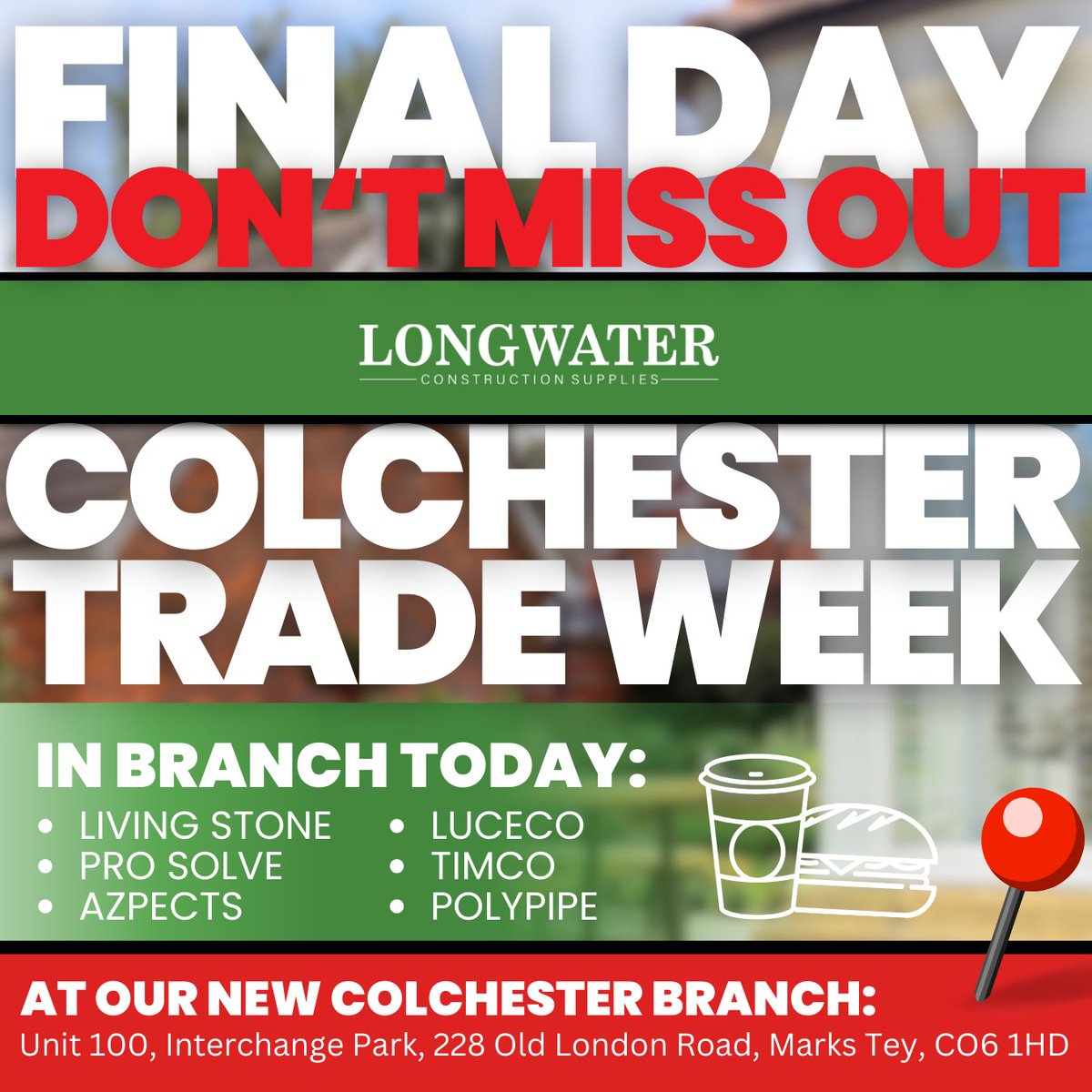 😱It's already the FINAL DAY of our Colchester Trade Week!

For anyone looking to grab the last great deals - what are you waiting for?!👇

📍Unit 100, Interchange Park
228 Old London Rd
Marks Tey
Colchester CO6 1HD
longwatersupply.com/contact-us/