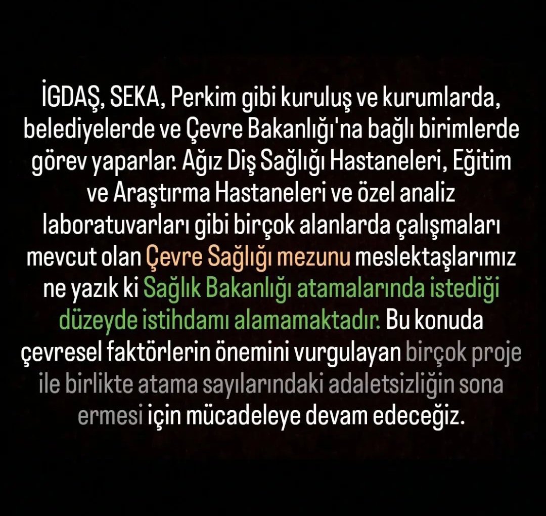 Bakanlık atamalarında istenilen düzeyde atama sayılarına ulaşamayan #ÇevreSağlığı mezunları adil bir atama istemektedirler. Bu haklı isteğin reddi olmamalıdır. <a href="/drfahrettinkoca/">Dr. Fahrettin Koca</a> <a href="/saglikbakanligi/">T.C. Sağlık Bakanlığı</a> <a href="/yhgmsb/">Yönetim Hizmetleri Genel Müdürlüğü</a> #Sağlığa100BinAtama