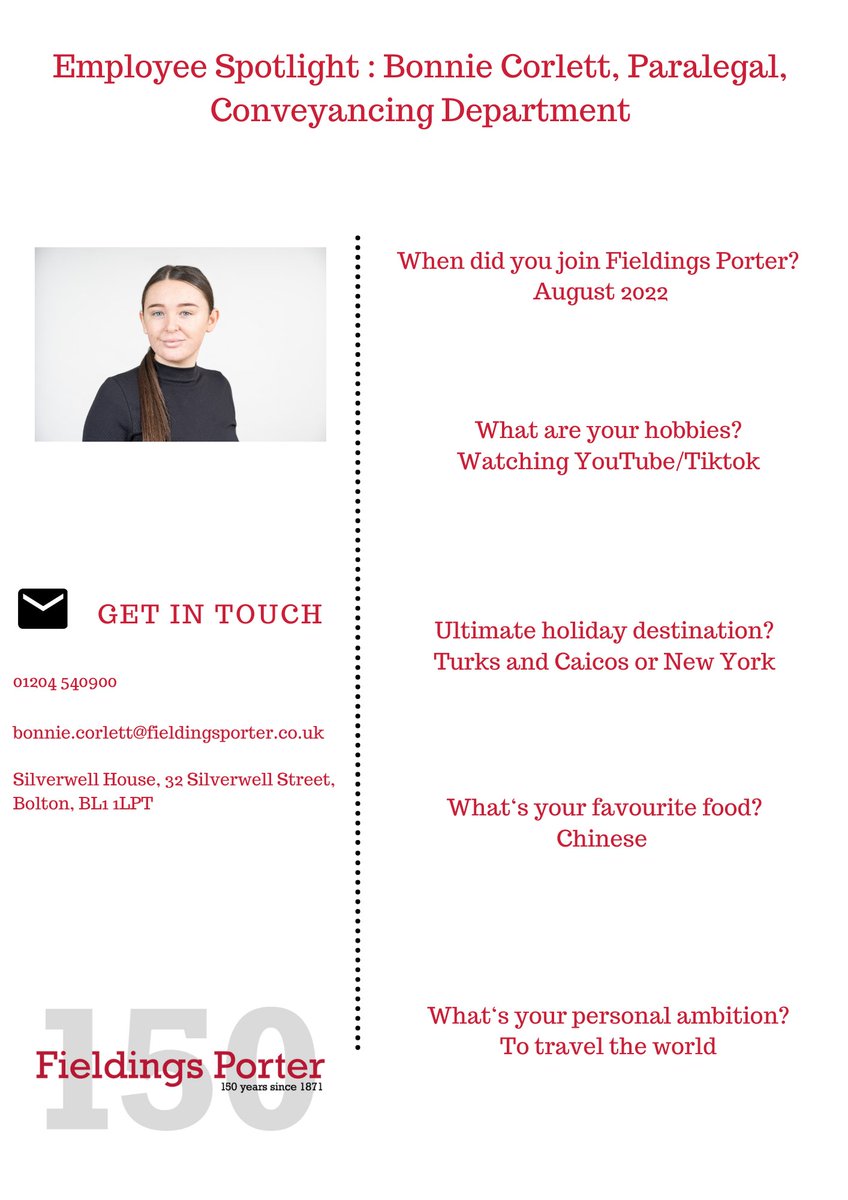 This week we shine our spotlight on Bonnie Corlett, Paralegal in our Conveyancing Department. Did you know that it's Bonnie's ambition to travel the world 🌎 The world is your oyster as they say!

#meettheteam
#paralegal
#conveyancing