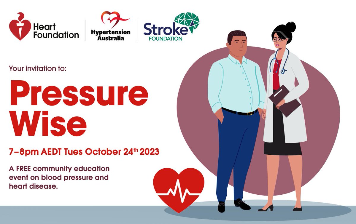 HypertensionAus's tweet photo. Pressure Wise, a free online community education event about high #bloodpressure, is coming up on October 24. Spread the word! 

Register here: https://t.co/tQ3MoAdcP1

@heartfoundation @strokefdn @womenshealthaus   @menshealthau @ABCscience @_PHAA_ @AHPA_AU #hypertension #health https://t.co/rdGGZVz2AI