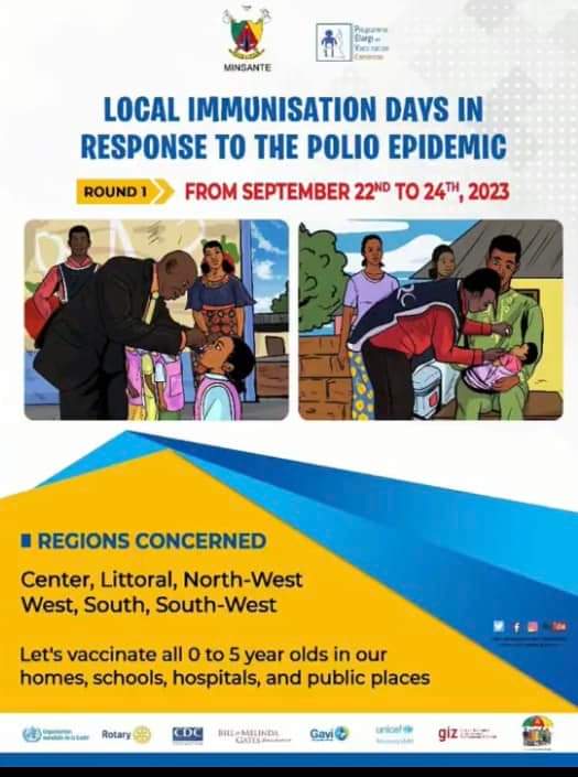 Vaccination against Polio begins today.Parents and Guardians please get your children between the ages of 0-5 years vaccinated.
Vaccination teams will be in all 20 health districts of the Northwest Region, schools, markets, churches, mosques, palaces.
#EndPolioNow
#EndPolio237