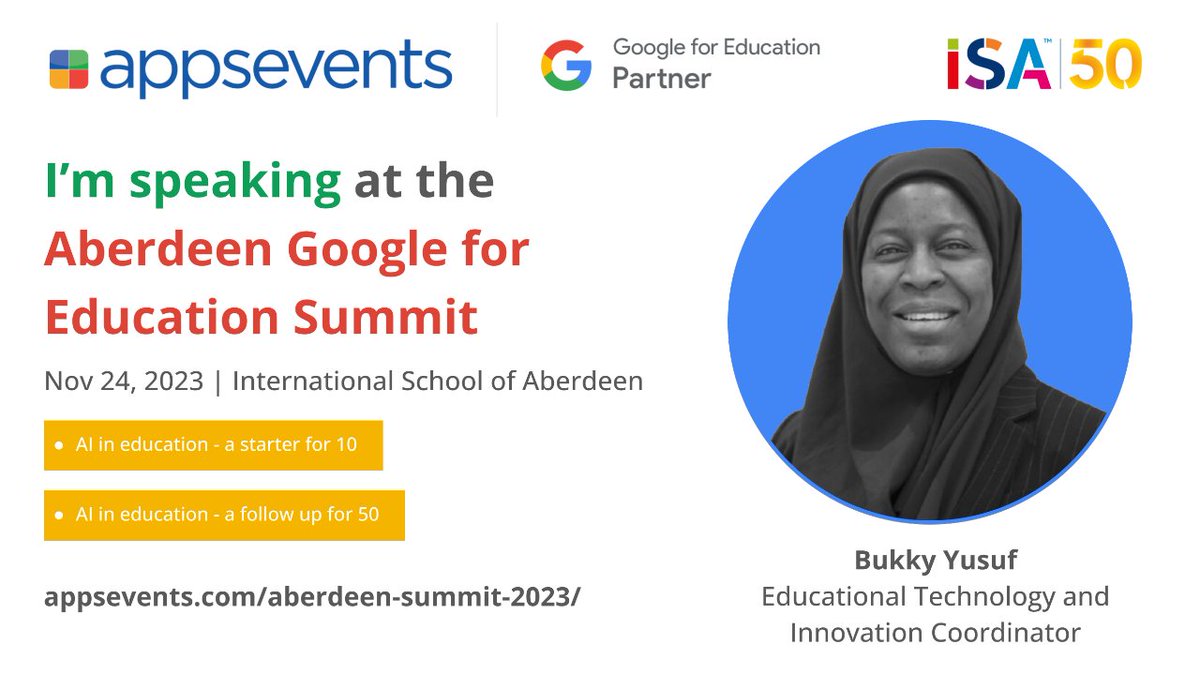 appseducom's tweet photo. Excited to have Bukky Yusuf as keynote speaker for the Aberdeen #GoogleEDU Summit. This keynote will review the prominence of #AI and what it really means for educators and their school communities.
https://t.co/6gJlz9XIyG #GooglePD https://t.co/qODtvLe7Vx