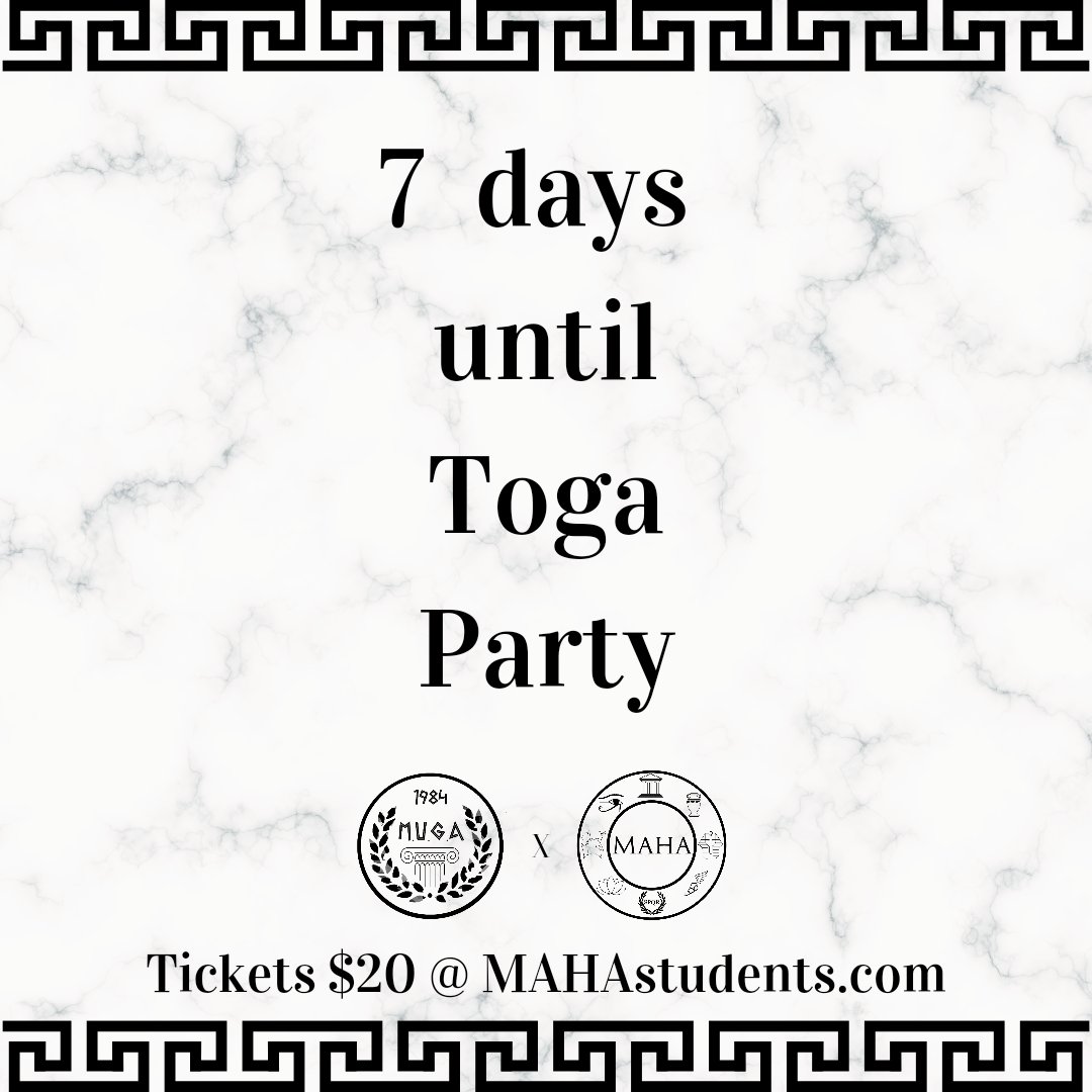 MAHA Students (@mahastudents) on Twitter photo PSA that the MAHAxMUGA Toga Party is only a week away! Get your tickets via our website or our linktree! We can't wait to see you there! PSA that the MAHAxMUGA Toga Party is only a week away! Get your tickets via our website or our linktree! We can't wait to see you there!