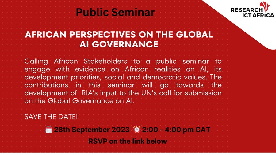Next week we will be hosting a public seminar; African Perspectives on the Global AI Governance. To register 👉us06web.zoom.us/meeting/regist… Join us! #AfIGF2023