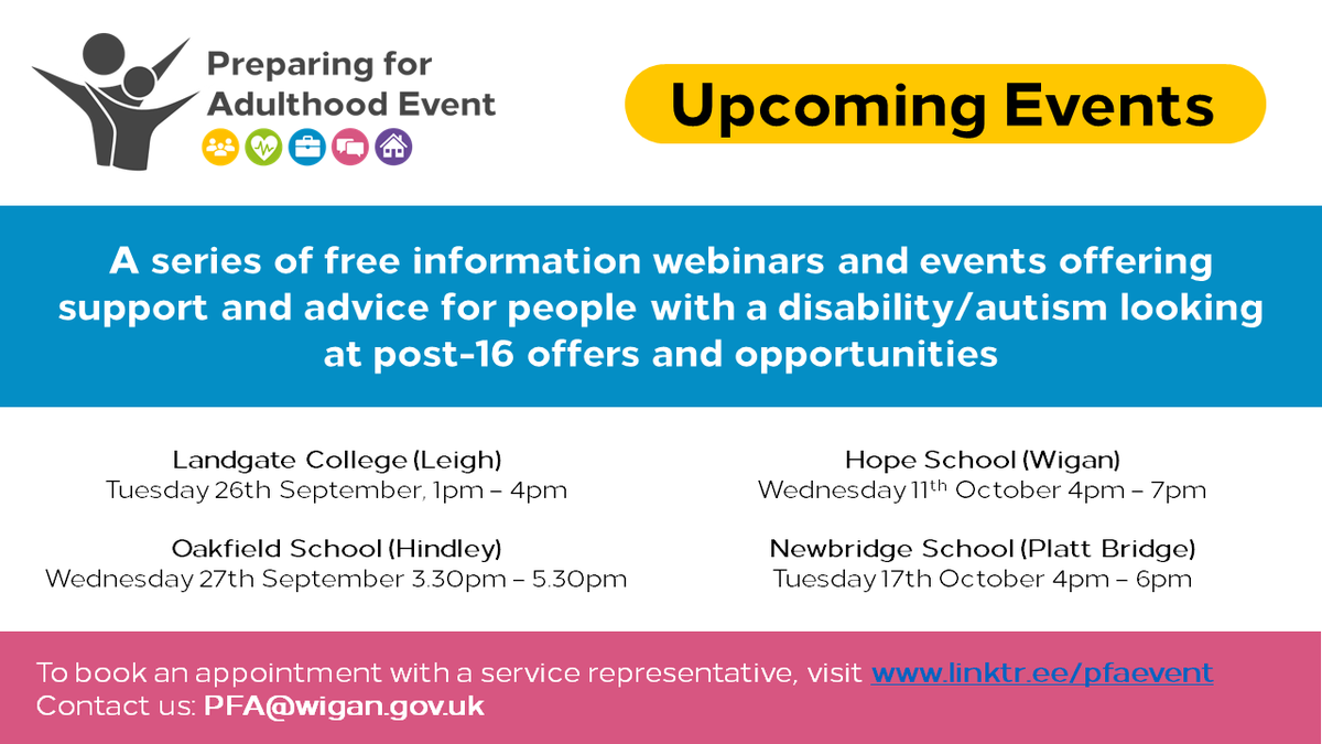 Learn about support, post-16 pathways &amp; meet with key services including SEND Team, Transition Social Care &amp; Direct Payments at our upcoming Preparing for Adulthood events.

To book an appointment with services -  linktr.ee/pfaevent

Find out more: 
wigan.gov.uk/preparingforad…