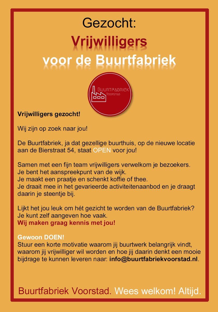 📣 Vanaf a.s. oktober gaan wij weer OPEN op onze nieuwe locatie aan de Bierstraat 54. 🕐Maandag: inloop van 12.00u - 15.00u. Dinsdag van 13.00u - 16.00u. Lijkt het jou leuk om bij ons team vrijwilligers te komen? 👉Meld je dan aan via ons mailadres: info@buurtfabriekvoorstad.nl.