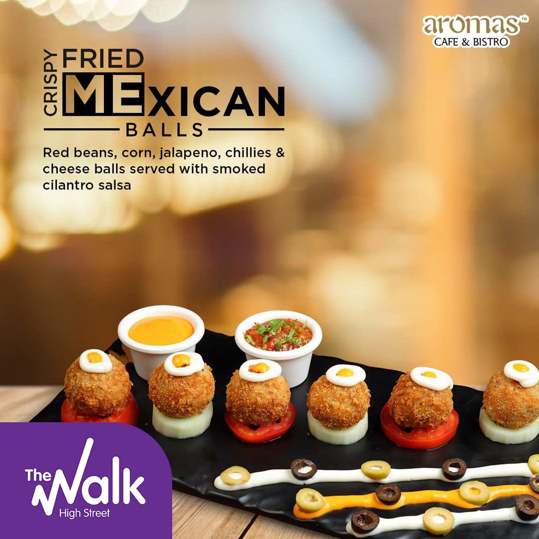 thewalkthane's tweet photo. Indulge in a divine culinary experience with our tantalizing crispy balls, bursting with the irresistible flavors of Mexico. Satisfy your taste buds with this fiery treat exclusively at Aromas Cafe, nestled within The Walk, Hiranandani Estate, Thane. #AromasCafe #MexicanFlavors https://t.co/gQqhgzyOhD