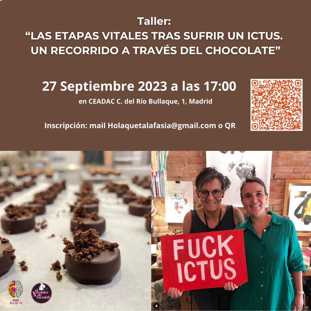 Un recorrido de etapas tras el #ictus, a través del chocolate. Dos mujeres, Sandra y Lu, junto con sus maridos comparten sus experiencias en #Madrid el 27 de septiembre en <a href="/CreCeadac/">Ceadac</a> . Inscripción: acortar.link/OD5RBy #ictus #afasia #Cocolate