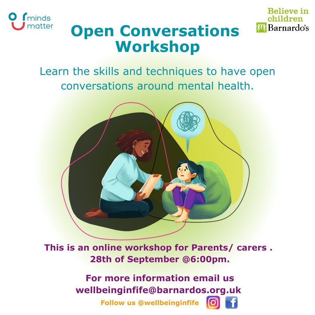 FifeFamilies's tweet photo. 📱 @WellbeingInFife are running a free online Open Conversations Workshop for parents and carers on Thursday 29th September. 💻

To book a place, follow the link below:
https://t.co/0Wtz6lkS8b

#FifeFamilies #MentalHealth #Workshop https://t.co/8wqIVsggHl