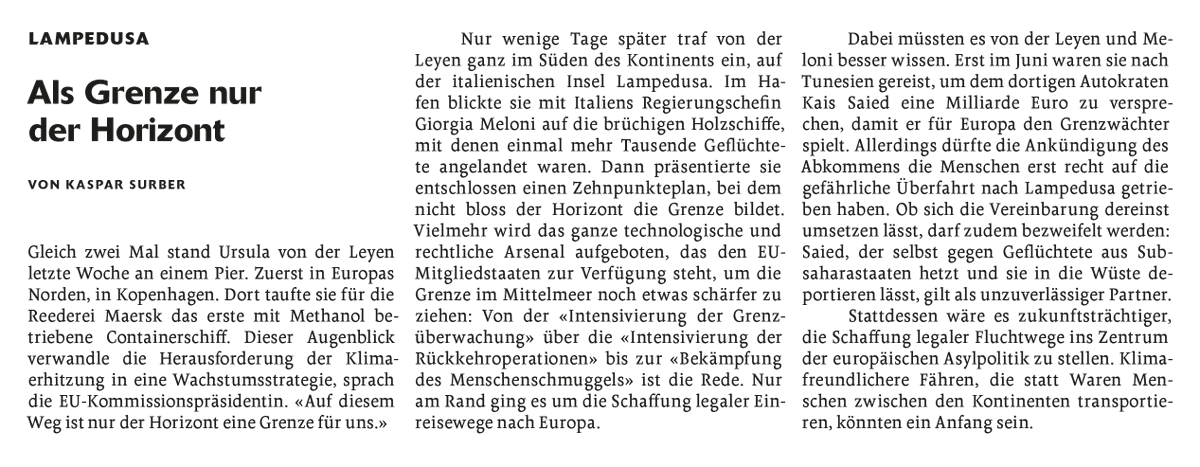 Wochenzeitung's tweet photo. Mit einem Zehnpunkteplan will @vonderleyen die EU-Grenze im #Mittelmeer noch schärfer ziehen. Dabei müsste sie es besser wissen.
Es kommentiert: @KasparSurber
#Lampedusa https://t.co/I2VYRkRHXf