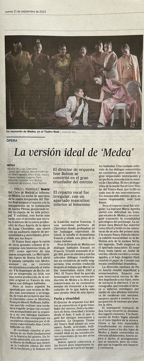 Crítica del estreno de #MedeaCherubiniTR, en el @Teatro_Real, ayer en las páginas del diario @el_pais ⤵️