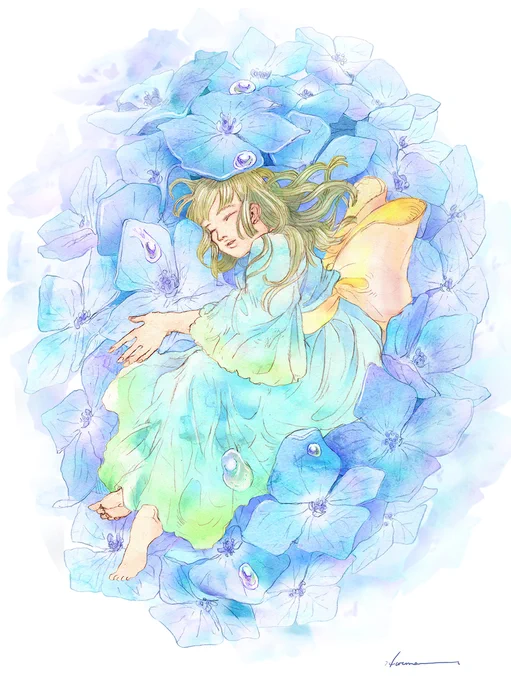 【カレンダー用新作】『寝息』 シャープペンシル/透明水彩/Photoshop6月のアジサイです。#illustration #イラスト #創作イラスト 