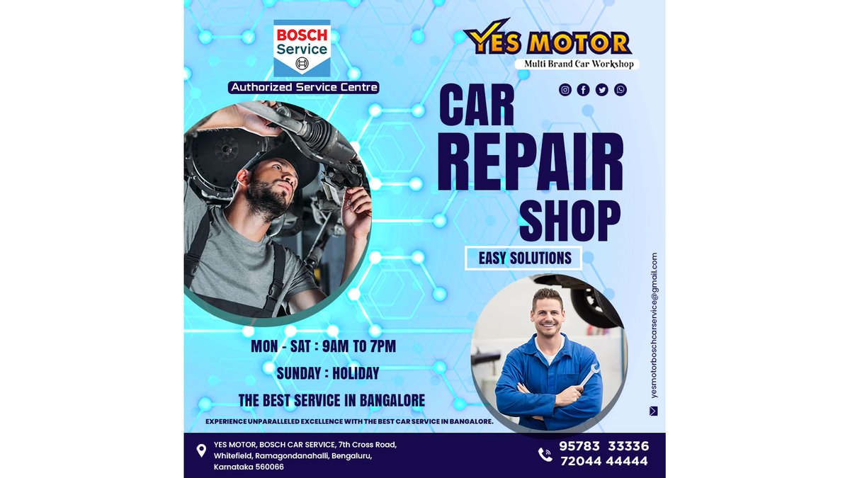 🔧 Need a pit stop for your vehicle? Look no further! 🚗 Our Yes Motor Bosch Car Repair Shop in Bangalore.
🕒 Mon-Sat: 9AM - 7PM 
🚫 Sunday: Holiday

#Multibrand #Service #Repair #CarService #CarRepair #CarWorkshop #AutomotiveRepair #CarMaintenance #CarGarage #CarBodyRepair