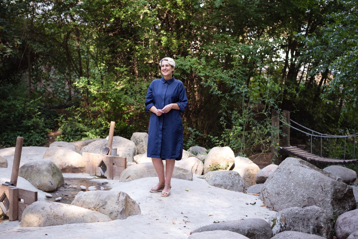 Cllr Caroline Woodley photographed in a newly refurbished natural play area in Butterfield Green. Photo credit: Jannine Newman