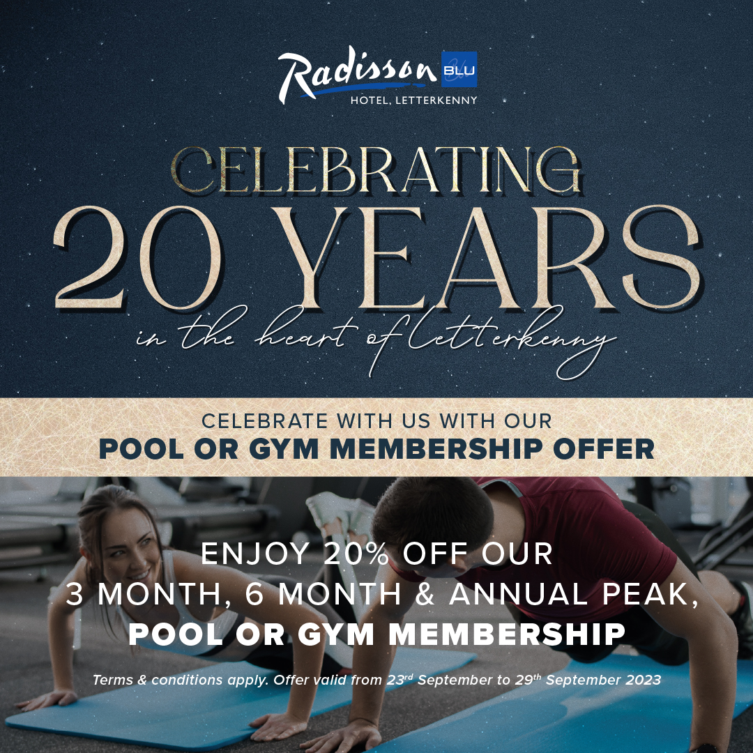 To mark our 20th anniversary, we're delighted to extend a special offer of 20% discount on our 3-month, 6-month & annual peak, gym, or pool memberships. This exclusive promotion begins  23.09.23 until  29.09.23. Visit us to sign up now.

#shoplk #letterkenny #gymmembership