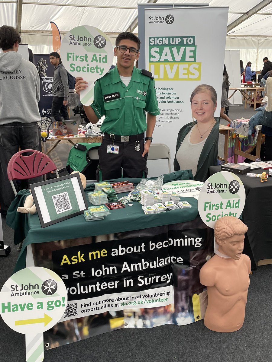 Come and join us today @UniOfSurrey @SurreyUnion freshers fayre to learn all about our volunteering opportunities. @SJA_LS_Student @SJA_Students