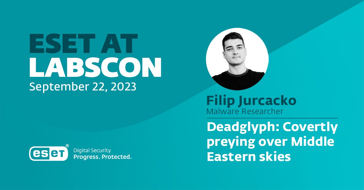 Today at LABScon 2023, ESET Malware Researcher Filip Jurčacko will present a piece of research on Deadglyph, a sophisticated backdoor used by the infamous Stealth Falcon group for espionage in the Middle East. Learn more at labscon.io/speakers/filip…. #ESET #ESETResearch #LABScon23
