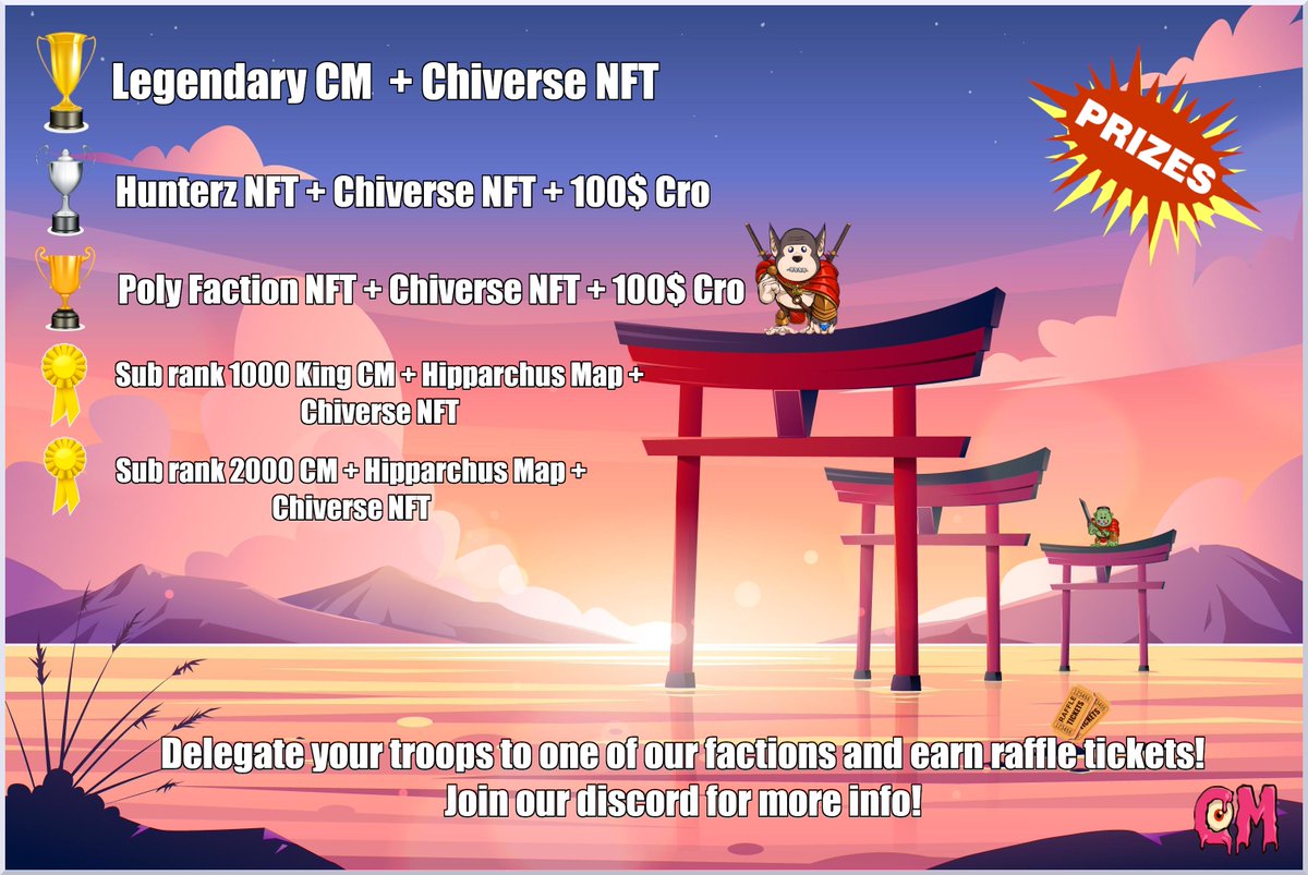 CrazzzyMonsters's tweet image. @RyoshiTales Players!! Delegate your troops to one of our factions and earn your tickets!! 🎟️

This weeks Prizepool is 🔥🔥🔥

Our Factions:
-HunterZ Crazzzy Chi Fighting Club
-Bob the Crazzzy Crook
-Crazzzy Cow Warriors

#CMFam #Crofam #Giveaway