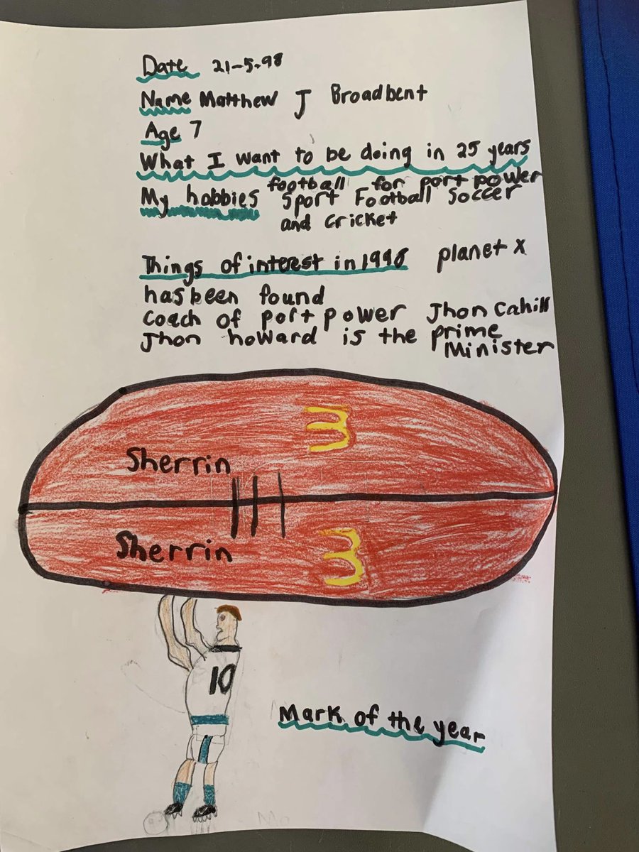 A 7 year old me wrote a message to myself that got put into a time capsule at my primary school. 

It got taken out today. 

I’m so grateful I got to live out my childhood dream at the club I loved. Love my fave player Josh Francou taking mark of the year 😂
<a href="/PAFC/">Port Adelaide FC</a>