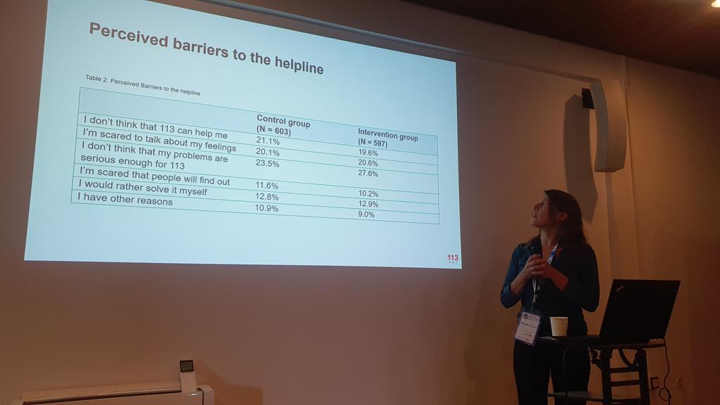 Renske Gillssen summarising the barriers of people contacting a helpline, direct weblink was not significantly effective in improving engagement with helpline services and diacusses what else can be done to improve engagement #IASPPiran2023