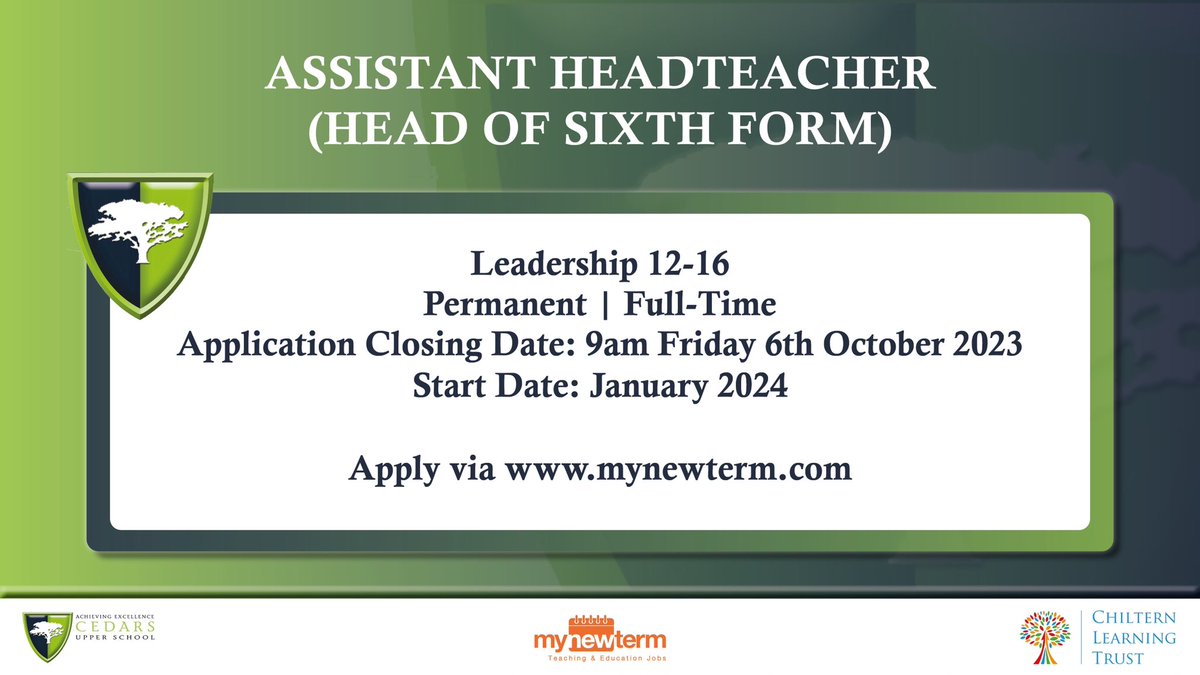An exciting opportunity at our Outstanding sixth-form!

We are looking for an Assistant Headteacher (Head of Sixth Form).

Please RT/share with anyone you think will be interested in this fantastic role!

More details on <a href="/mynewterm/">MyNewTerm</a>:

mynewterm.com/trust/Chiltern…