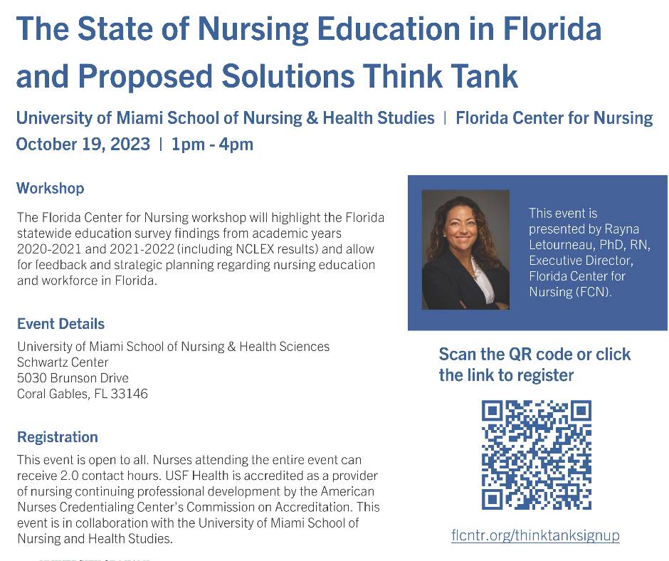 Join us on October 19, 2023, to explore the state of nursing education in Florida. Register at the link below or by scanning the QR code. Thank you to @UMiamiNursing for hosting this event!

Registration link: flcntr.org/thinktanksignup