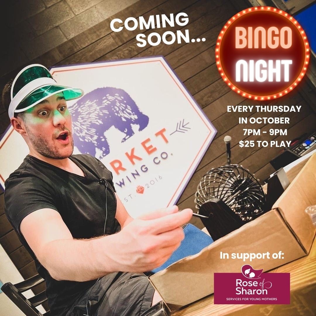 B-I-N-G-0! Join us for a night of laughs,dabbers,delicious food &amp; cold brews with our friends at <a href="/MarketBrewing/">Market Brewing Co.</a>. $25 to play! 7-9pm.Come early to get your lucky seat!Proceeds fund free programs for young moms &amp; their little ones. marketbrewingco.com roseofsharon.com