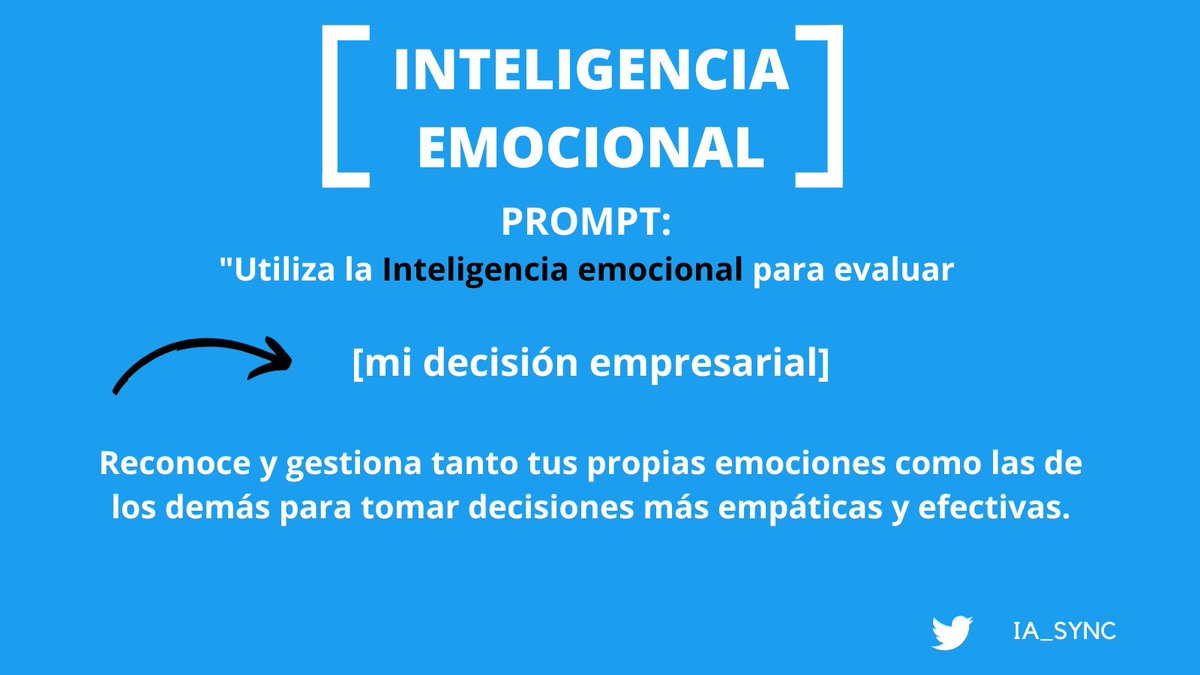 IA_SYNC's tweet photo. #SemanaDelEmprendedor durante esta semana os voy a dejar 28 tips 💡que puedes usar con #ChatGPT para tomar mejores decisiones para tu negocio y dominar los modelos mentales detrás de ellos. #FelizDomingo 

[Sígueme para más consejos ❤️]

25. Inteligencia Emocional https://t.co/QKwfORfjF9