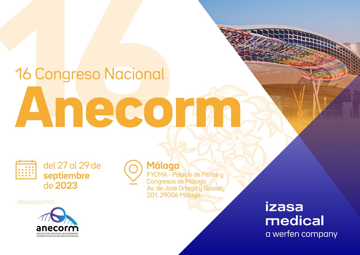 IzasaMedical's tweet photo. Izasa Medical estará presente en el 16º Congreso de la #ANECORM. Unas jornadas bajo el lema: “Gestionando recursos, aportando soluciones", dirigidas a la gestión de recursos materiales de la enfermería coordinadora.
📅 27, 28 y 29 de septiembre
📍 Palacio de Congresos de Málaga
#IzasaMedical #ANECORM2023 #ANECORM #Enfermería