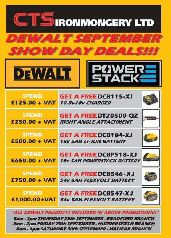Don't miss our DEWALT show days next week!

Tool demos, expert advice and amazing deals on the day! 

Thursday 28th September 8am-2pm at our #Bradford branch.
Friday 29th September 8am-2pm at our #Huddersfield branch.
Saturday 30th September 8am-1pm at our #Halifax branch.