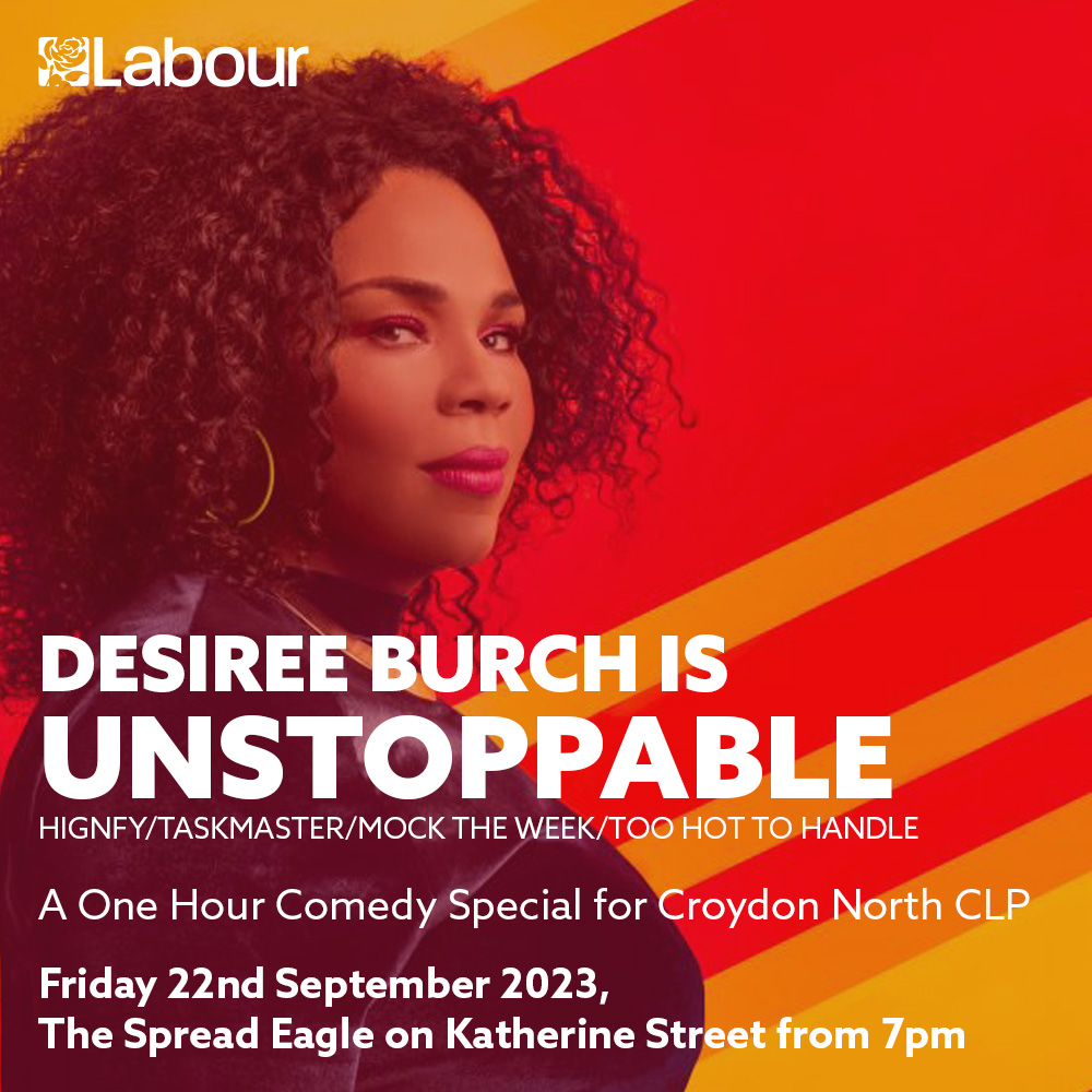 TONIGHT!!

Join @CroydonLabour colleagues and the UNSTOPPABLE @destheray at @spreadeaglecroy from 7pm for a very special #londoncomedy night!

cnclp.org.uk/ticket/desiree…