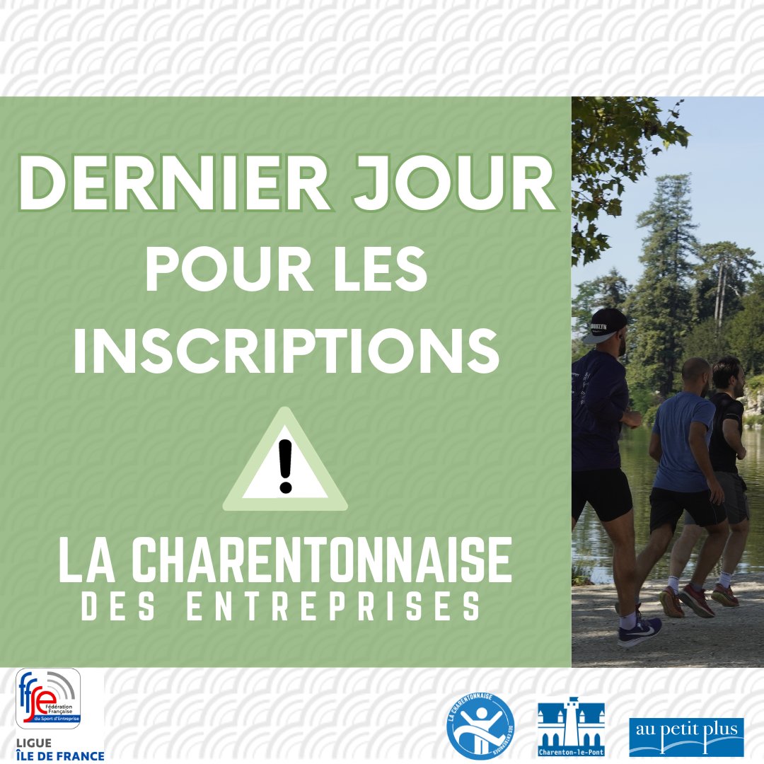 🚨Dernier jour pour vous inscrire à la Charentonnaise des entreprises !🚨

Cette course dédiée aux entreprises de l'est parisien clôture ses inscriptions ce vendredi 22 septembre à 16h.🕓

C'est maintenant ou jamais !💪
billetweb.fr/la-charentonna…

#charentonnaise #running #course