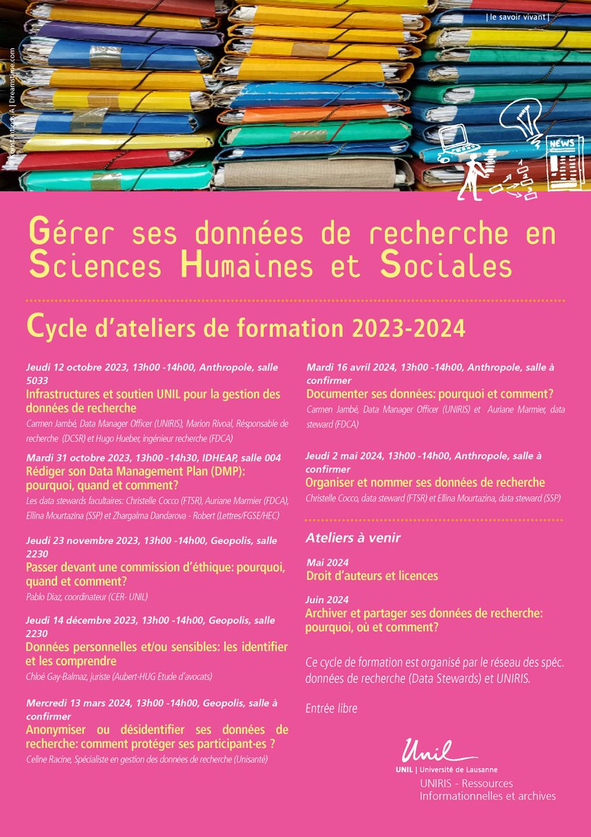 FTSR_UNIL's tweet photo. Cycle d’ateliers 2023-2024 sur la Gestion des Données de recherche en SHS ouvert à toutes et tous les chercheur·e·s de l’@unil, organisé par #UNIRIS et les #datastewards de @sspunil, @FDCA_UNIL, @LettresUNIL, @FGSE_UNIL, @heclausanne et @FTSR_UNIL.
👉https://t.co/254ZZULS6Y https://t.co/D19pX2zv4B