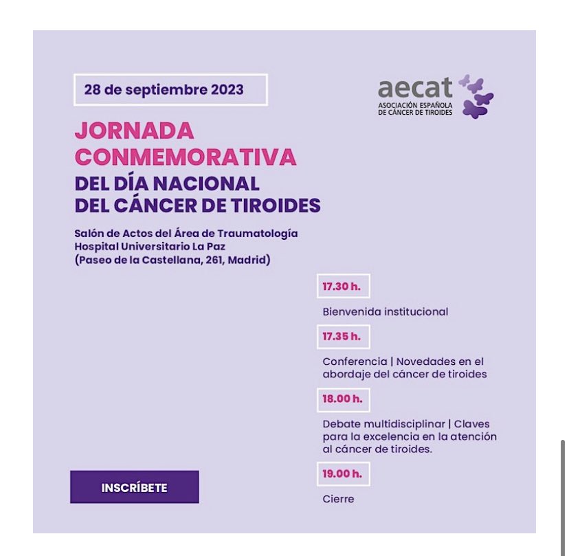 Este año en #HospitalLaPaz acogemos la celebración del día del #cáncerdetiroides organizada por @aecat_es. Inscripción gratuita en …acionalcancertiroides23.eventbrite.es @EndocrinoLaPaz @HULPSurgery @JJRiosBlanco @saezatxa