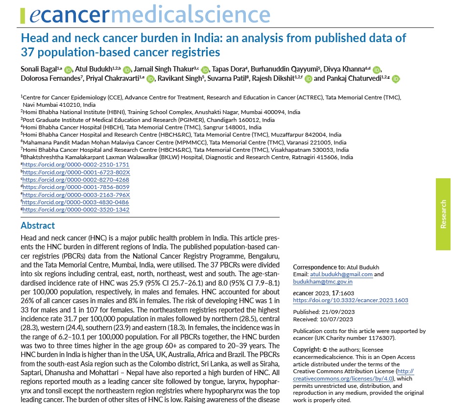 Congratulations to <a href="/TataMemorial/">Tata Memorial Hospital</a>  team <a href="/TMC_Varanasi/">Tata Memorial Centre, Varanasi (MPMMCC & HBCH)</a>  <a href="/ACTREC_TMC/">ACTREC-TMC</a>  <a href="/HBCHRCVIZAG/">HBCHRC,VIZAG - TATA MEMORIAL CENTRE</a>  <a href="/HBCHRC_Punjab/">Homi Bhabha Cancer Hospital & Research Centre</a> on publishing research article- Head &amp; neck cancer burden in different parts of India using the published data from 37 Indian population-based cancer registries. <a href="/pankajch37/">Dr. Pankaj Chaturvedi</a> <a href="/ambudukh/">Atul Budukh</a>