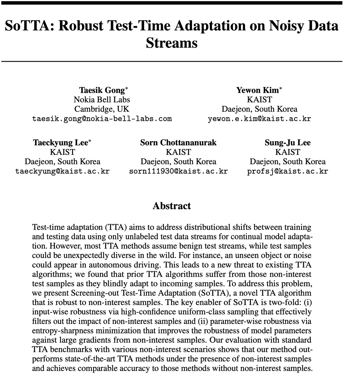 Taesik_MobileAI's tweet image. Excited to announce that our research on robust test-time adaptation for noisy streams has been accepted at #NeurIPS2023! Huge thanks to my incredible collaborators: @hai_yewon, @taeckyung_lee, @sornswgn, and @wewantsj. 🙌

Stay tuned for the code and camera-ready version!