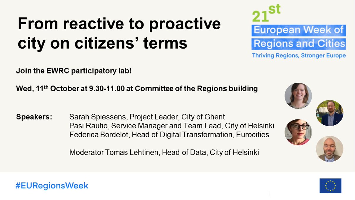HelsinkiEU's tweet image. 🏢What are proactive services in the cities and how they can benefit city residents? Why are data &amp;amp; new technologies relevant? 

Join the #EURegionsWeek session organised @EU_Cor
to hear more on Wed 11th Oct at 9.30-11.00

👉Check out and register here: europa.eu/regions-and-ci…