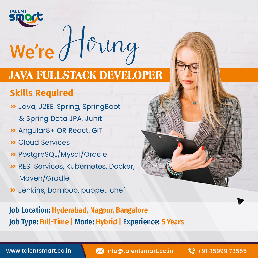 talentsmartco's tweet photo. We're Hiring! | @talentsmartco
Position: Java Fullstack Developer
Job Location: Hyderabad, Nagpur, Bangalore
Experience : 5 Years & Work Mode : Hybrid
Share Resume: dm@talentsmart.co.in
#javafullstack #javadeveloper #fullstackdeveloper #javacoding #javaprogrammer #fullstack https://t.co/XT23cn6Uzn
